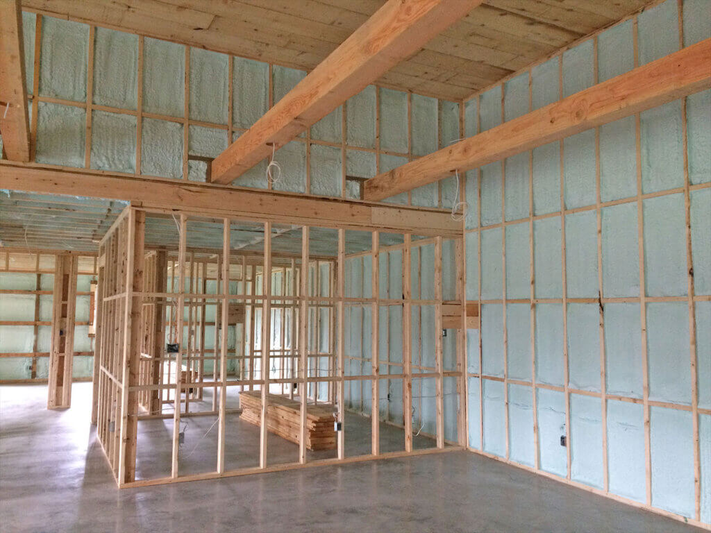 Spray Foam Insulation blown in walls and ceilings of new construction building.